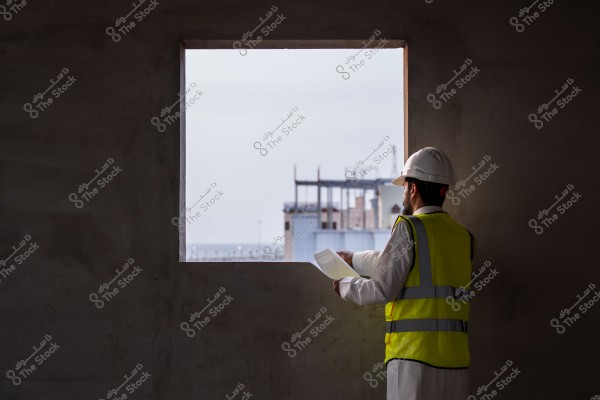 An engineer wearing a hard hat and a yellow safety vest stands inside an unfinished building, looking out of an unglazed window. The engineer holds papers and looks towards a construction site outside, with the structure of another building visible in the background.