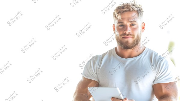 A portrait of a man with blond hair and a beard, wearing a tight white T-shirt and seemingly holding a tablet in his hands. The background is white and bright, adding clear lighting to his facial features and clothing.