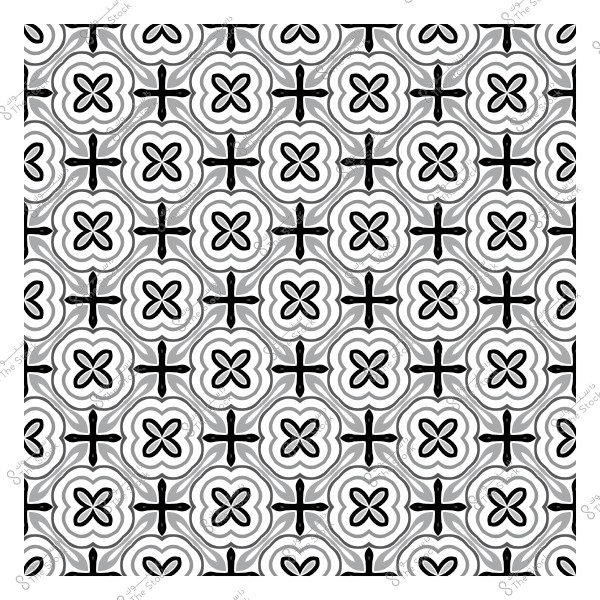 A repeating black and white pattern consisting of cross shapes and circles.