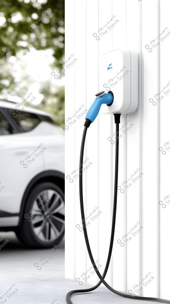 The image shows an electric vehicle charger mounted on a white wall, with a connected black charging cable. In the background, a part of a white car is seen parked next to the charger.