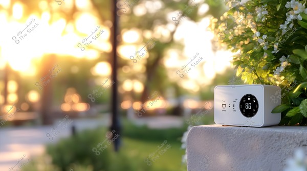 The image shows a small rectangular electronic device placed on a concrete or stone surface next to green plants with small white flowers. The front display of the device shows digits and various icons. The background contains trees and bright sunlight, creating a serene and relaxing atmosphere.