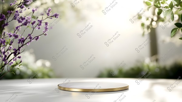 A circular golden platform placed on a reflective surface, surrounded by plant branches with purple flowers and green leaves, set against a blurred background highlighting natural sunlight.