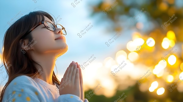 A portrait of a young woman wearing glasses, looking upward with a smile and her hands clasped as if in prayer or contemplation. The background is blurred with bright yellow lights, giving a warm and comforting impression.