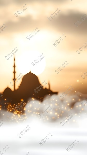 Silhouette of a mosque with a minaret is prominently displayed against a sunrise, creating a striking contrast with the warm-colored sky of gold and orange. In the foreground, there is a hazy effect with small light specks resembling glow or sparkles.