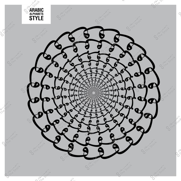 نمط فني هندسي يتكون من حروف عربية مرتبة في شكل دائري متكرر على خلفية رمادية.