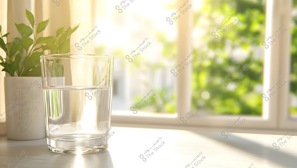 A glass of water placed on a table in front of a bright window, with green plants in a white pot in the background. Natural light enters through the window, illuminating the area and creating soft shadows on the surface.