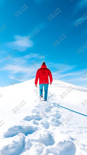A person wearing a red jacket, blue pants, and a woolen hat walks through the snow on a white hill under a clear blue sky.