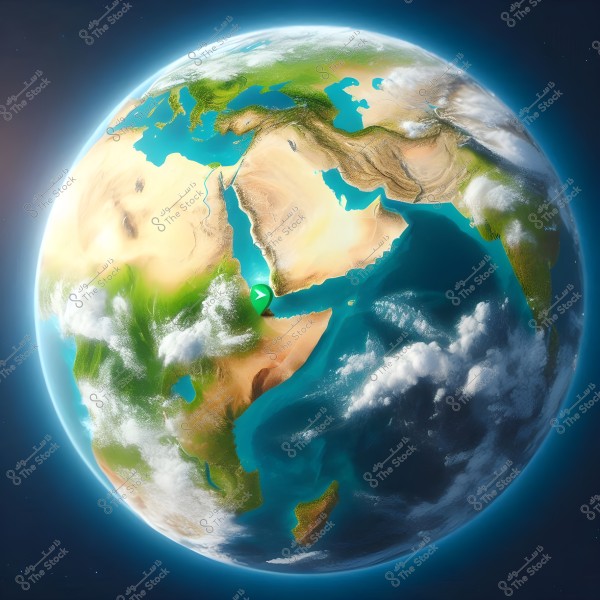 An image of Earth from space showing the Middle East region, part of Africa, and Asia. The Arabian Peninsula is clearly visible with various geographical details such as deserts and seas. Bright blue oceans and scattered white clouds cover some areas.