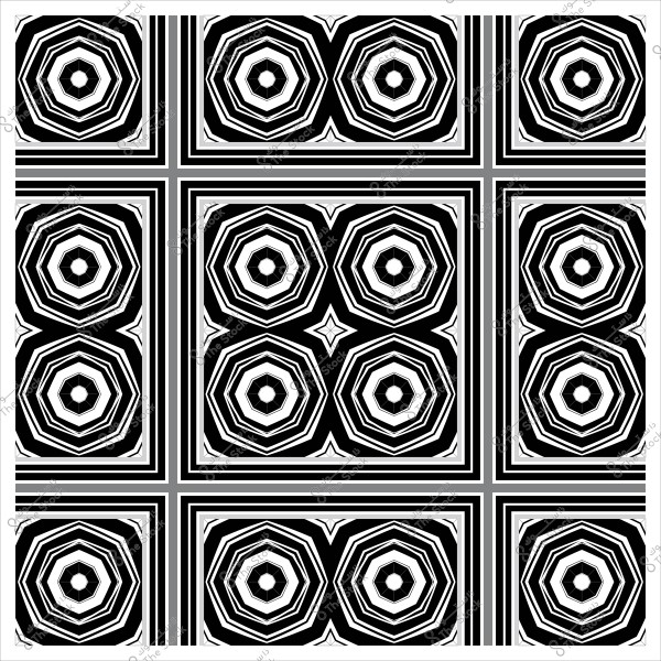 Geometric pattern design with symmetrical arrangement in black and white colors, featuring repeating circular shapes within squares.