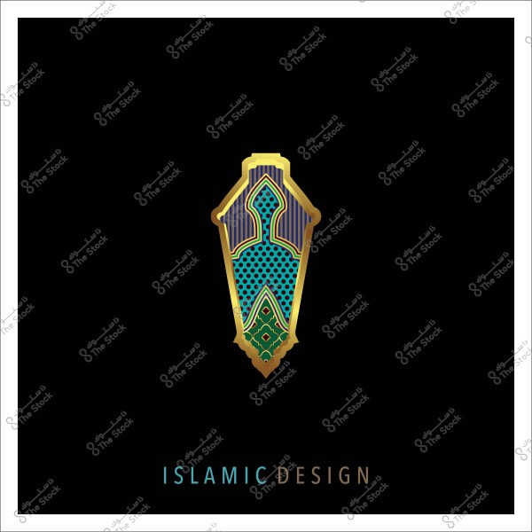 تصميم إسلامي مزخرف بألوان ذهبية وزرقاء وخضراء على خلفية سوداء.