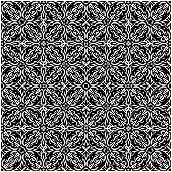 Repetitive decorative pattern in black and white with a geometric design.