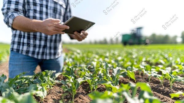 A person wearing a black and white checkered shirt and blue jeans in an agricultural field, using a tablet. In the background, plants are growing in the soil, and a blurred tractor is visible. The sky is clear, and the plant stalks are green and fresh.