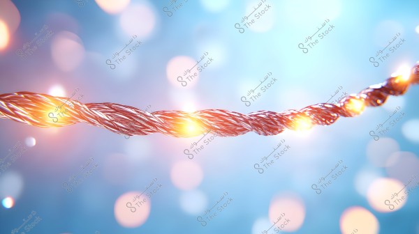 Image of a twisted metal cable or wire extending across the center. The cable is illuminated with bright lights glowing through it, giving a radiant effect. The background is blurred with blue and white colors, featuring bokeh light effects.