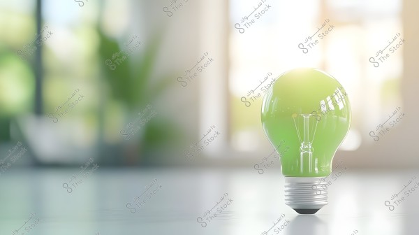 An image of a green light bulb placed on a reflective surface. The background is blurred, featuring trees and glass windows lit by natural light.