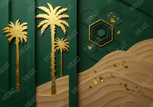 The image features an artistic design with golden embellishments on a green background. The design includes golden palm trees extending vertically on the left with raised effects, while on the right, a hexagonal geometric pattern with golden accents is present. At the bottom, sandy patterns in desert colors are adorned with golden fragments.