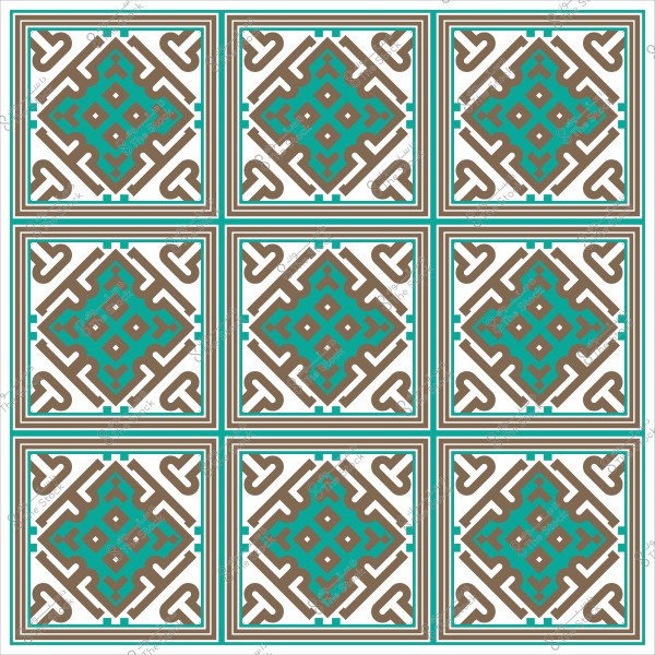 نمط هندسي مزخرف بألوان البني والأزرق الفيروزي على خلفية بيضاء, مكون من تسع مربعات متكررة.