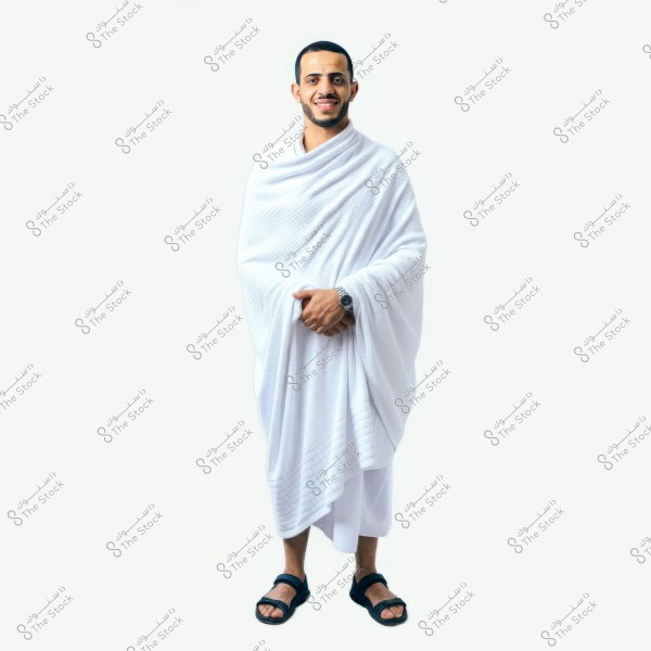 A portrait of a man wearing a white Ihram, the traditional attire for men when performing Hajj and Umrah in Islam. The man is smiling and looking at the camera, gently clasping his hands around his body. He is wearing a wristwatch and black sandals. The background is white and bright, giving the image a professional look.