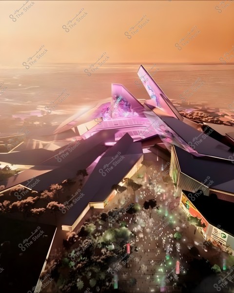 Aerial view of a modern building with distinctive architectural design spread over a vast area, illuminated with colorful lights in shades of pink and purple, set against a sea backdrop at sunset. In the foreground, a large crowd gathers in an open space surrounded by greenery.