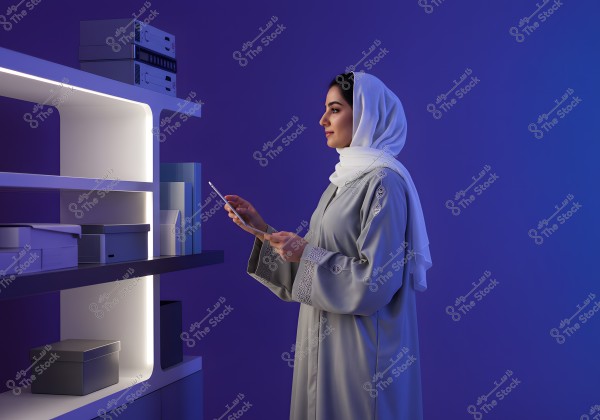 An image of a woman wearing a gray abaya and a white hijab, standing next to a lit shelf with files and modern boxes. She is holding a tablet and looking at it against a purple-lit background.
