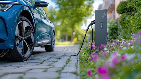 The image shows a blue car parked on a stone driveway next to an electric charging station. A cable connects the car to the charging station. Pink and green flowers surround the area, reflecting a natural and green environment. In the background, there are green trees and a building.