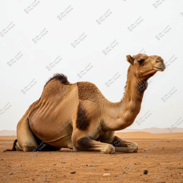 A brown camel lying on the sand in a vast desert. The camel\'s body details, including its distinctive hump, are clearly visible with the backdrop of an expansive, barren sandy horizon under a clear sky.