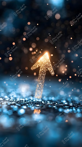 صورة لسهم مضيء يتجه نحو الأعلى, يتميز بتأثير براق ولون ذهبي لامع, وسط خلفية ضبابية بألوان زرقاء تشبه تأثير البوكيه مع نقاط مضيئة متناثرة.