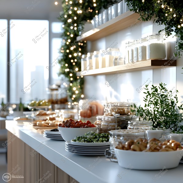 An image of a carefully set dining table in a modern and tidy kitchen. The table features neatly stacked white plates with a variety of foods like tomatoes and vegetables. There are also glass jars containing different ingredients. The area is adorned with green plants and small lights illuminating the background beautifully. The large window in the background lets in natural light, creating a bright atmosphere.