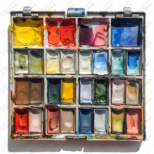 A watercolor palette containing a variety of colors, some of which are used and show traces of water and mixed colors.
 by AI