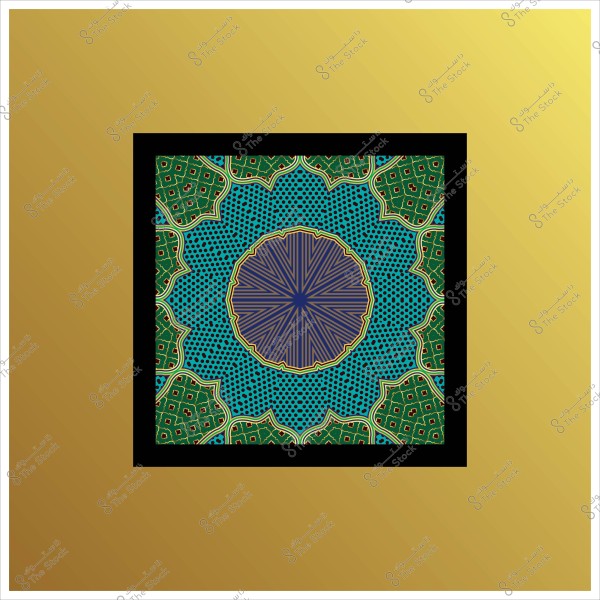 تصميم هندسي يتضمن نمطًا زخرفيًا بألوان الأزرق والأخضر مع تفاصيل دقيقة داخل إطار أسود على خلفية ذهبية.