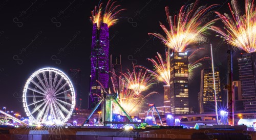 A close-up of the fireworks in the financial center at night, one of the landmarks of Riyadh, celebrations and events in Saudi Arabia.