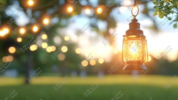 An image of a traditional lantern with an oriental pattern, illuminated and hanging in the air during sunset. The lantern is made of metal and features intricate cut-out designs. In the background, small twinkling lights are visible among the trees, creating a serene and romantic atmosphere.