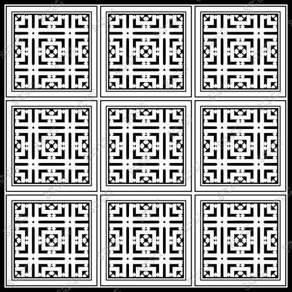 تصميم هندسي بالأبيض والأسود يتكون من أنماط متكررة في مربعات.