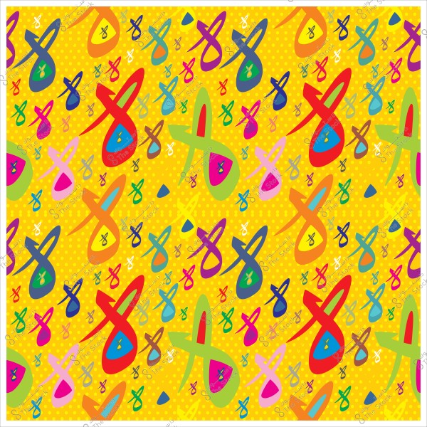 A patterned image featuring multiple shapes in various bright colors over a yellow background with small dots. The shapes are numerous and diverse in colors such as red, blue, green, orange, pink, and others.