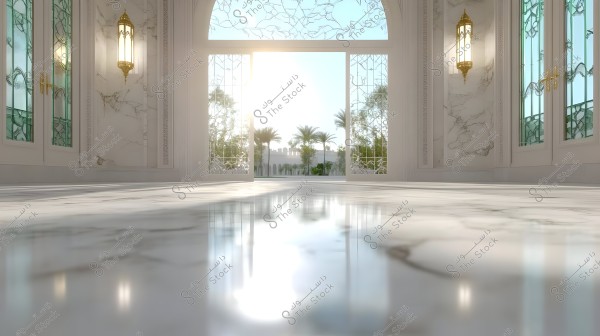 An interior view showing a spacious hall with polished marble floors and ornate walls featuring stained glass windows. Light flows from the open doors in the background, where palm trees and a classic architectural facade can be seen outside.