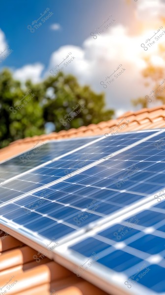 The image shows solar panels installed on an inclined roof covered with orange tiles. The panels are glistening under sunlight, with a background of clear blue sky, a few white clouds, and green trees.