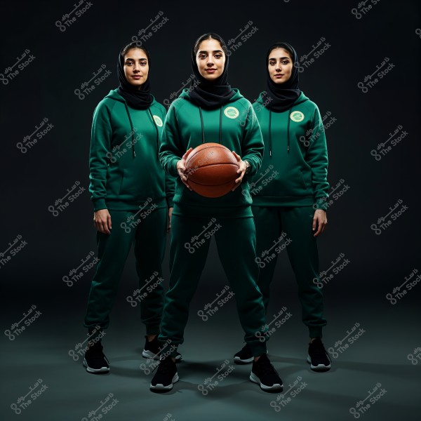 Image of three women standing together in sports attire consisting of a dark green hoodie and pants, with an embroidered logo. They wear black hijabs and black sports shoes, and the central figure is holding a basketball. The lighting is dim and the background is dark. The attire suggests the image might be from Saudi Arabia.