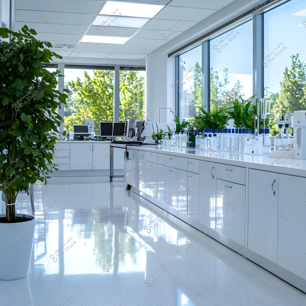 Image of a modern laboratory with computers and laboratory equipment on white countertops. Large glass windows provide a view of green trees outside, and the laboratory is decorated with several green plants in pots.