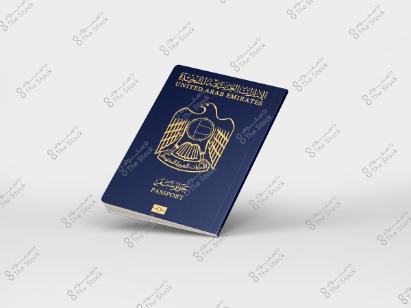 Image of an Emirati passport against a white background. The passport is dark blue with a golden eagle emblem, along with the text \"United Arab Emirates\" and \"Passport\" in both Arabic and English.