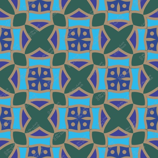 Geometric ornamental pattern with symmetrical shapes and blue, green, and brown colors.