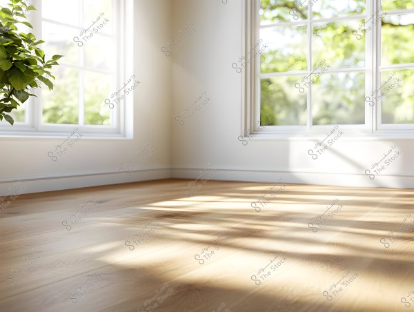 The image shows a wooden floor in a bright room with large windows allowing natural light to enter. There are green plants in the left corner of the image, adding a touch of liveliness to the space. Sun rays stream through the window, casting shadows on the floor.