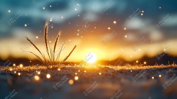A sunset scene with golden rays streaming through a cluster of grasses swaying in the breeze. Small glowing specks like fireflies dot the air, adding a sense of magic and tranquility to the scene.