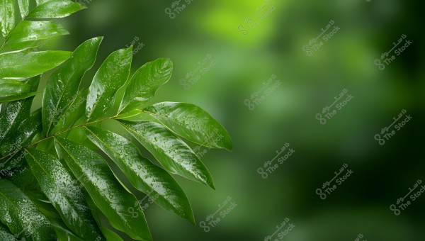 An image showing a shiny green leaf with water droplets on its surface, stretching across the left side of the image. The background is blurred in shades of green, highlighting the details of the leaf beautifully.