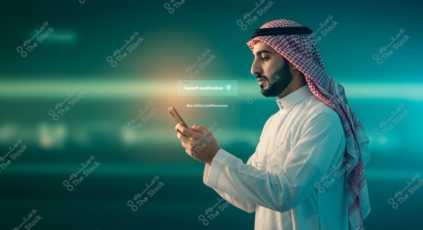 Image of a man wearing traditional Gulf attire, including a thawb, ghutra, and agal, likely from the Gulf region. He is looking at his mobile phone, with text on the screen indicating \"Security Confirmation.\" The background is blurred with blue and green hues.