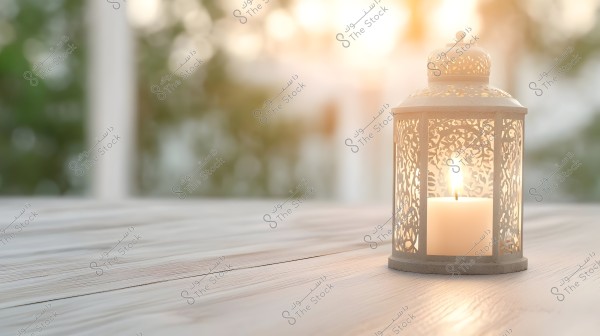 فانوس معدني مزخرف موضوع على سطح خشبي, يحتوي على شمعة مشتعلة في الداخل. يوفر الفانوس ضوءًا دافئًا وهادئًا, وتظهر خلفية غير واضحة بألوان طبيعية مع تأثير الشمس في الغروب.