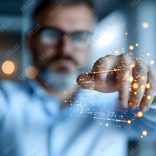 The image shows a man wearing a blue shirt touching a glowing point on a transparent or holographic screen with his hand. The lighting and sparkling points suggest advanced technology. The background is blurred, drawing focus to the interaction between the hand and the visible screen.