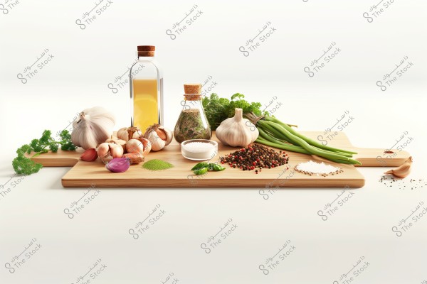 An image of a variety of ingredients and spices placed on a wooden cutting board. The ingredients include a bottle of oil, heads of garlic, small red onions, fresh green vegetables, colorful peppercorns, salt, and vibrant herbs. The items are aesthetically arranged against a white background.