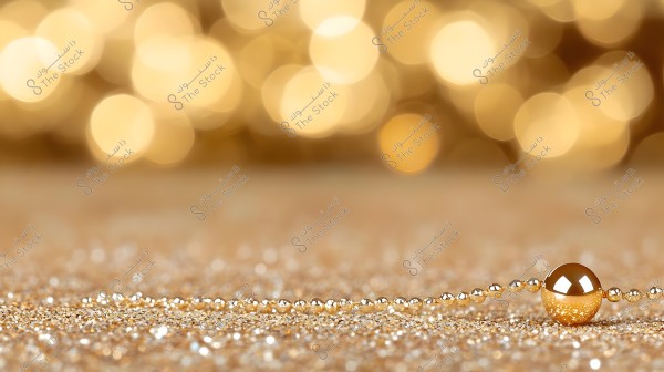 An image of two shiny golden beads lying on a surface covered with golden glitter, with a blurred background of twinkling lights creating a warm and luminous effect.