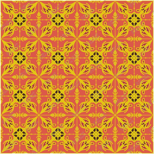Repetitive decorative pattern with gold and black colors on an orange background.