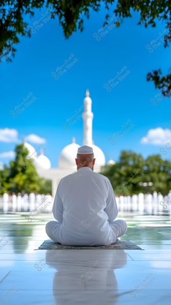 The image shows a man sitting on a prayer mat in the courtyard of a large mosque. He wears traditional white clothing and a cap, seated with his back to the camera. In the background, the mosque with its distinctive dome and minaret is visible, under a clear blue sky, surrounded by green trees.
