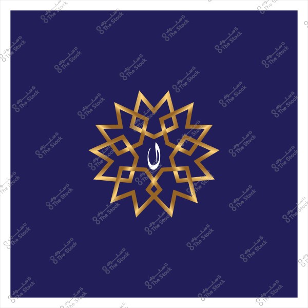 تصميم مستوحى من الزخرفة الإسلامية باللون الذهبي على خلفية زرقاء داكنة, مع كتابة حرف نون في الوسط.